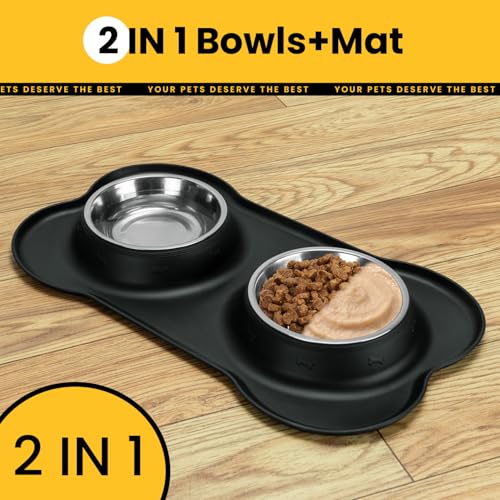 Conlun Dog Bowls with Silicone Feeding Mat, No Spill Food Water Dish Set, Dishwasher Safe, 2 Stainless Steel Puppy Bowls, Suitable for Tiny Dogs Kittens Cats Rabbits Pets under 8lbs, Extra Small,Black - color: Black, size: Extra Small-5 oz