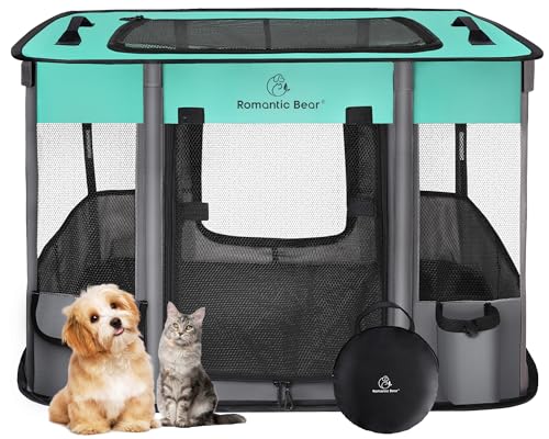 Dog Playpen,Pet Playpen,Foldable Puppy Cat Playpen,Portable Exercise Kennel Tent Crate,Water-Resistant Breathable Shade Cover, Indoor Outdoor Travel Camping Use for Small Animals with Carrying Case(S) - color: Green, style: Small(28*22*18)