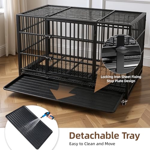 VOWNER 48 inch Heavy Duty Indestructible Dog Crate, Escape-Proof Dog Crate Cage Kennel with 4 Lockable Wheels, High Anxiety Dog Crate with Double Door and Removable Tray Design, for Large Dogs - size: 47.2"L x 29.5"W x 33.9"H