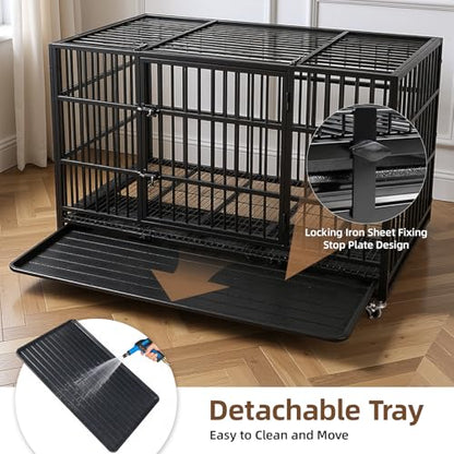 VOWNER 48 inch Heavy Duty Indestructible Dog Crate, Escape-Proof Dog Crate Cage Kennel with 4 Lockable Wheels, High Anxiety Dog Crate with Double Door and Removable Tray Design, for Large Dogs - size: 47.2"L x 29.5"W x 33.9"H