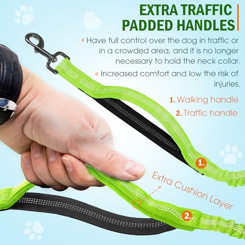 Hands Free Dog Leash with Waist Belt – No-Pull Bungee, Dual Padded Handles & Zipper Pouch for Running, Walking & Training – Adjustable Waist Leash for Large & Medium Dogs (Chartreuse) - color: Chartreuse