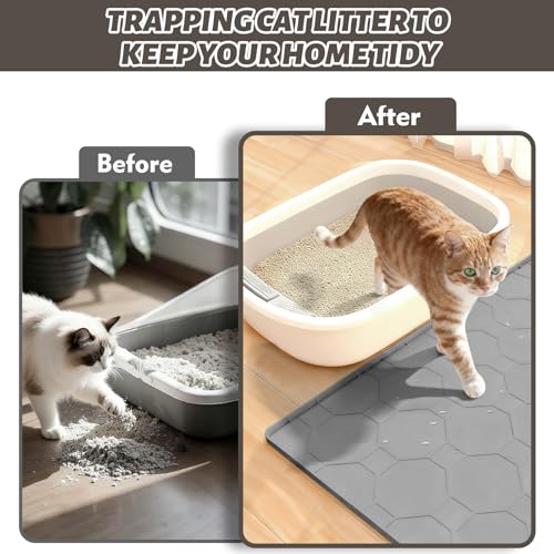 Silicone Cat Litter Mat for Litter Box-28" X 22" Kitty litter pads, Waterproof & Leak-Proof Trapping Design, Non-Slip Durable Easy to clean (Gray) - color: Grey, size: 28" X 22"