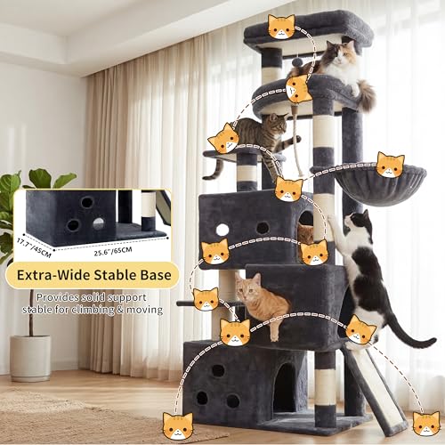 Heybly Cat Tree, 74-Inch Streamlined Cat Tower for Large Cats with 3-Tier Stacked Condos, Cat Furniture with Large Perch, Sturdy Base, Full Sisal Scratching Posts & Ramp, Smoky Gray HCT061G - color: Smoky Gray