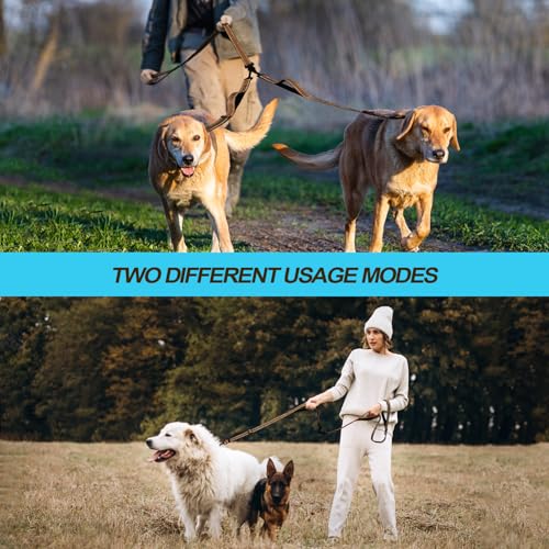Double Dog Leash, No Tangle Dual Leash, Reflective Walking Training Lead, 4 Comfortable Padded Handles for 2 Dogs with Collapsible Bowl and Waste Bags (Brown, Large) - color: Brown