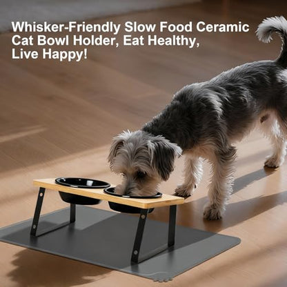 LEAWALK Upgraded Adjustable Height Cat Food Bowls Stand Ceramic Dog Bowls and Slow Feeder Cat Bowl, 15°Tilted Stand Anti Vomiting Raised for Small and Medium Sized Cats Dogs (Black (2 Bowl+Pet mat)) - color: Black ( 2 Bowl+Pet mat)