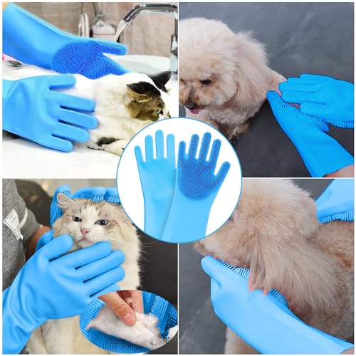 High-Density Silicone Pet Grooming Gloves with Enhanced Five Finger Design for Bathing, Massaging Dogs and Cats (Blue) - color: Blue