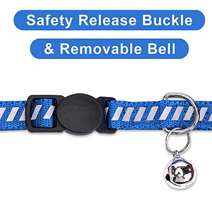Pawtitas Personalized Blue Reflective Cat Collar – Adjustable Custom Collar with Safety Buckle, Removable Bell, and Engraved Name & Phone Number for Kittens and Adult Cats - color: Personalized Blue