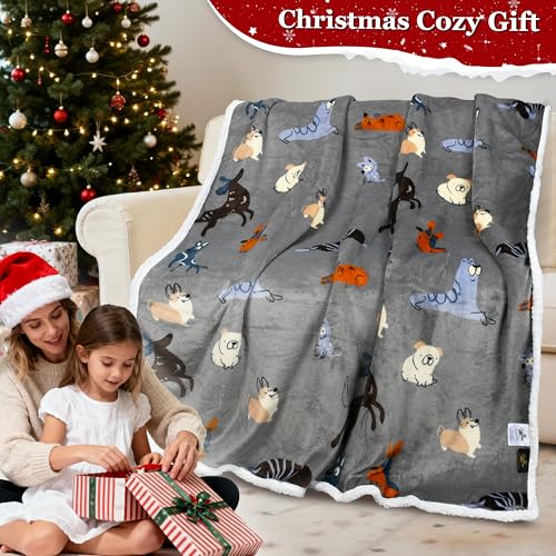 Catalonia Dog Print Sherpa Fleece Throw Blanket, Soft Mink Plush Couch Blanket, Fuzzy Fluffy Comfy Warm Throws, Comfort Caring Gift, 50x60 inches, Grey - color: Dog Grey, size: 50"x60"