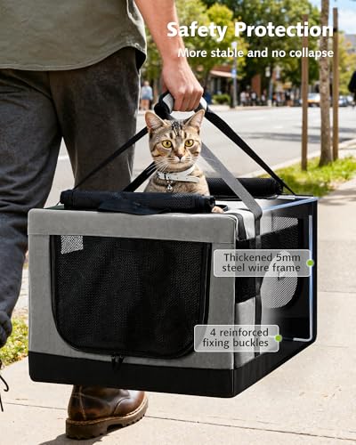 Pecute Dual Compartment Pet Carrier for Multi-Cat Families & Small Dog Owners, Collapsible Dog Crate with Reinforced Steel Frame, Car Safety Design for Travel, Vet Visits & Home Use, Gray - color: Grey