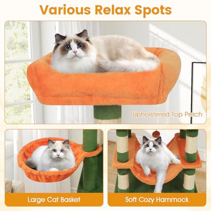 PETSITE 66 Inches Tall Cat Tree, Multi-Level Cat Tower with Sisal Scratching Posts, Side Basket, 2 Comfy Condos, Hammock, Soft Padded Top Perch, and Hanging Balls, Ideal for Indoor Cats (Green) - color: Green