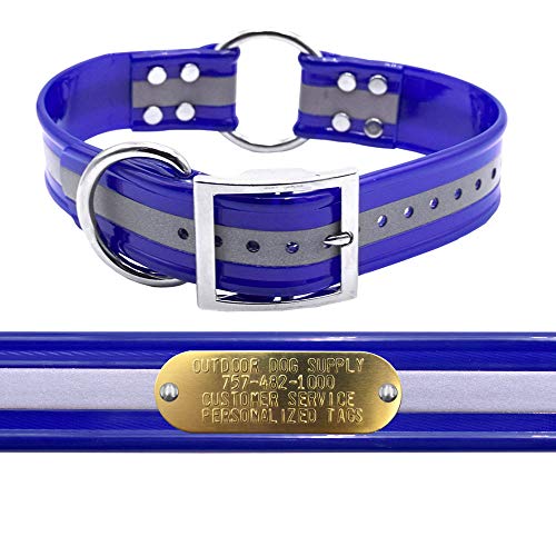 Outdoor Dog Supply 1.5" Wide 25" Long Reflective Dark Blue Waterproof Collar with Center Ring & Custom Brass Name Plate – Durable, Odor-Resistant for Large & XL Breeds - color: Reflective Dark Blue, size: 25" Long