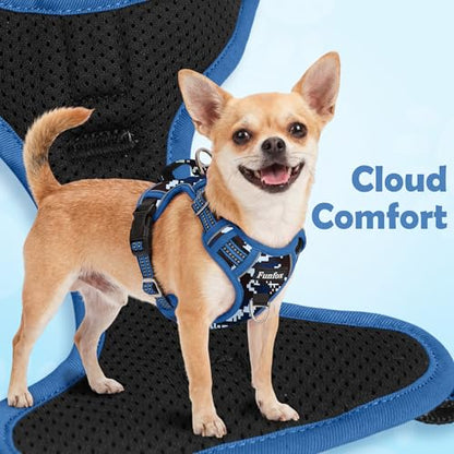 Funfox Dog Harness No Pull, Adjustable Pet Vest Harness, Super Soft Material with Vertical Handle Easy Control, Reflective Night Walking, 2 Leash Clips for Small Sized Dogs, Mosaic Blue, S - color: Mosaic Blue, size: Small