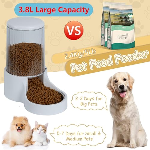 Automatic Cat Feeder, 3.8L Large Gravity Cat Food Dispenser with Detachable Top Lid, Visible Bottle and Stainless Steel Bowl for Pets (White) - color: White