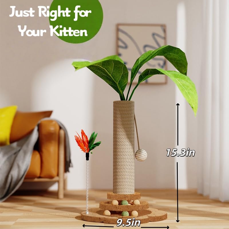 Cat Scratching Post Cat Scratcher Tower with 2-Layer Ball Tracks Interactive Feather Toy Kitten Scratch Post Cat Toy for Indoor 15.4" H Cat Scratch Post with Monstera Leaves - color: Monstera