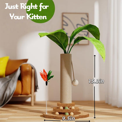 Cat Scratching Post Cat Scratcher Tower with 2-Layer Ball Tracks Interactive Feather Toy Kitten Scratch Post Cat Toy for Indoor 15.4" H Cat Scratch Post with Monstera Leaves - color: Monstera