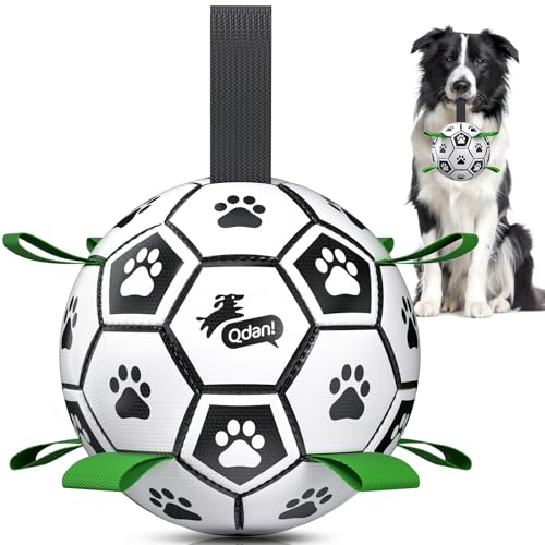 QDAN 6 Inch Dog Toys, Durable Floatable Dog Balls for Tug, Fetch, Herding and Water Play, Soft PU, World Cup Dog Soccer Ball with Straps for Small to Medium Dogs, Ideal Outdoor Play & Birthday Gift - color: Black Green, size: 6 Inch