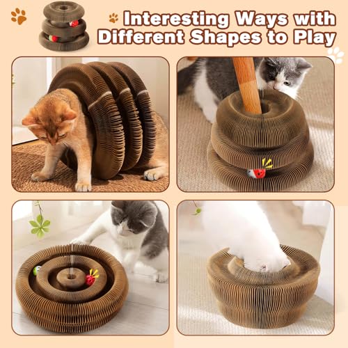 2 PCS Magic Organ Cat Scratcher Board with 6 Balls, Foldable Recyclable Accordion Cats Toy with Ball and Track Adventure, Cat Scratching Pad, Retractable Reversible Furniture Protector(Brown)