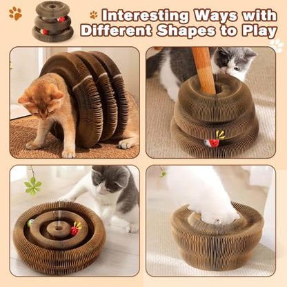 2 PCS Magic Organ Cat Scratcher Board with 6 Balls, Foldable Recyclable Accordion Cats Toy with Ball and Track Adventure, Cat Scratching Pad, Retractable Reversible Furniture Protector(Brown)
