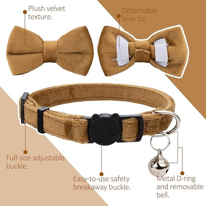 Cat Collar with Bow Tie 2pcs Set Bell Boy Girl Kitten Safety Plaid Grid Checkered Solid Color Suede Velvet Cute Soft Fluffy Gift B-[2pcs] Khaki - color: Style B-[2pcs] Khaki
