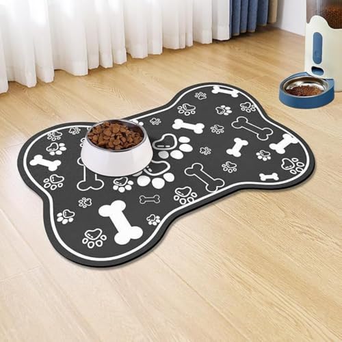 Dog Feeding Mats, Bone-Shaped Feeding pad, Absorbent Dog Mat for Food and Water Bowls, Easy Clean Silicone Mat for Food Bowls & Litter Areas | Cat Litter Mat | Ideal for Dog and Cat Owners - color: Dark grey dog claws and bones, size: 17" x 29"