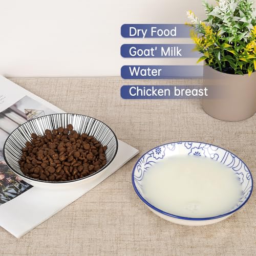 HAPPY KIT 2pcs Ceramic Cat Food Bowls for Indoor Cats Set,5.7 inch Colorful Cute Feeding Plate with Non Slip Mat,8.5oz Cat Dish/Dishes,Wide Shallow Bowl Whisker Friendl - color: Stamen&Line