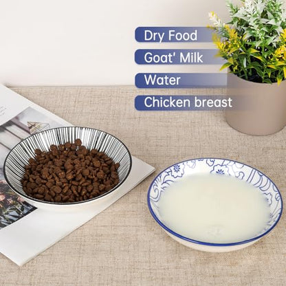 HAPPY KIT 2pcs Ceramic Cat Food Bowls for Indoor Cats Set,5.7 inch Colorful Cute Feeding Plate with Non Slip Mat,8.5oz Cat Dish/Dishes,Wide Shallow Bowl Whisker Friendl - color: Stamen&Line