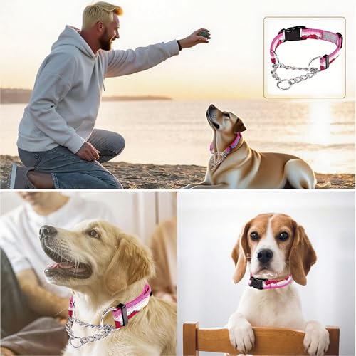 Martingale Dog Collars with Stainless Steel Chain, Reflective No Pull Walking Training Collar with Quick Release Buckle, Adjustable Slip Chain Nylon Dog Collars for Small Medium Large Dogs - color: Pink and white, size: Medium
