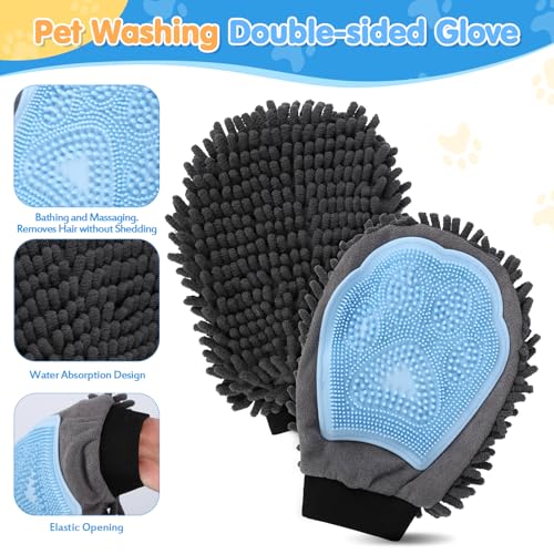 Dog Bath Grooming Kit(6Pcs) - Dog Brush for Shedding, Shampoo Brush, Double-sided Washing Glove, Toothbrush, Towel for Drying Dogs Large, and Wash Bag, Dog Washing Kit （Blue）