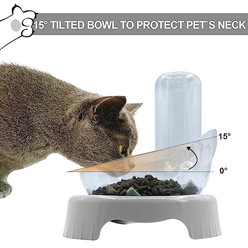 Triple Cat Bowls with Water Dispenser, Pet Whisker Friendly Water and Food Bowl Set with Non-Slip Mat, 15° Tilted Double Feeding Bowls, Elevated Wet and Dry Food Dish for Kitten&Small Dog (Grey) - color: Grey