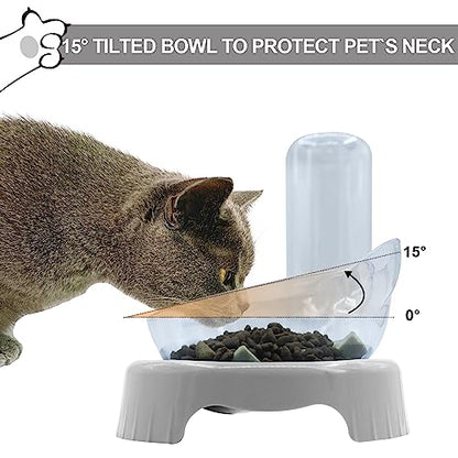 Triple Cat Bowls with Water Dispenser, Pet Whisker Friendly Water and Food Bowl Set with Non-Slip Mat, 15° Tilted Double Feeding Bowls, Elevated Wet and Dry Food Dish for Kitten&Small Dog (Grey) - color: Grey