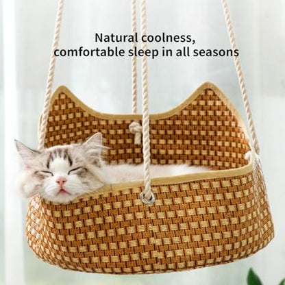 Breathable Pet Cage Hammock with Metal Hooks, Rattan and Bamboo Woven Cat Hammock for Kittens, Rabbits, Small Dogs, Cat Hanging Bed for Cage (Green)