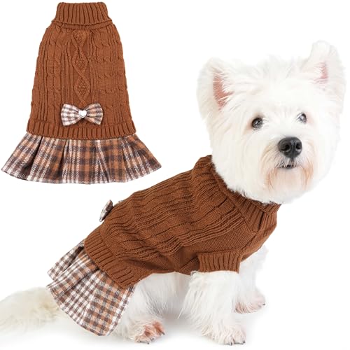 Hpetppy Dog Sweater Dresses for Small Dogs Girl with Bow & Plaid Skirt Soft Tureleneck Dog Sweater with Leash Hole Pet Clothes in Winter Thick Warm Pullover Pet Coats (Brown S) - color: Brown, size: Small (5-9lbs)