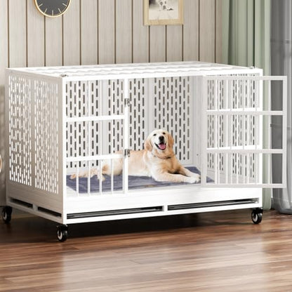Snuowu 48 Inch Heavy Duty Dog Crate with Wheels, Folding Metal Big Dog Cage for Large and Medium Dogs, Extra Large XL XXL Indestructible Dog Crate with Removable Tray. - size: 48-Inch White （Fold）