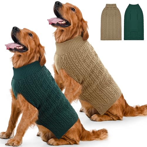 2 Pack Dog Sweaters for Large Dogs Winter Turtleneck Pullover Cable Knit Fleece Stretch Pitbull Labrador Golden Retriever Doberman Bulldog Boy Girl Pet Clothes (XL, Green & Brown) - color: Green & Brown, size: X-Large