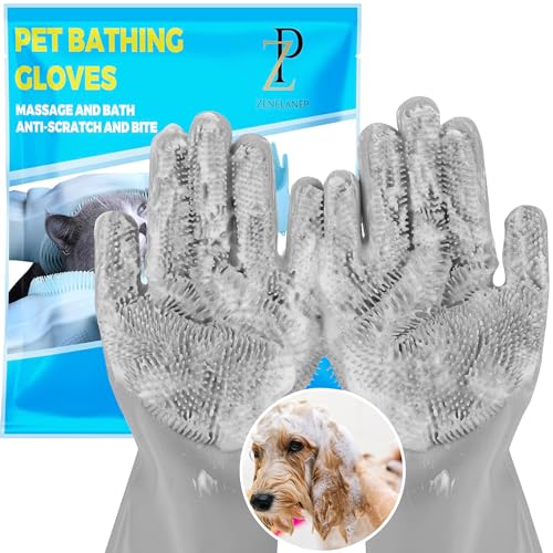 Pet Grooming Gloves - High-Density Silicone Gloves with Enhanced Five Finger Design for Massaging and Bathing Dogs and Cats (Grey) - color: Gray