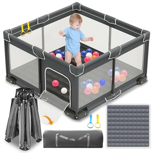 ICAREWAY Foldable Playpen for Babies and Toddlers, 50x50 Inches Portable Playpen, Kids Collapsible Play Pen with 2 Handlers, Indoor & Outdoor Baby Fence Play Area with Visible Mesh, Dark Gray - color: Dark Gray, size: 50"x50"