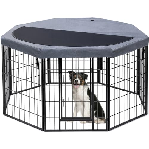 PETIME Dog Playpen,Metal Exercise Puppy Pen Heavy Duty Kennels Yard Fence Indoor/Outdoor 27" W x 32" H 8 Panels Dog Cage with Octagon Top Cover - size: 32"H, style: Playpen+Octagon Top