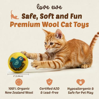 Hustle & Blush Love Ewe Felted Cat Toys 3 Pack - 2 Inch Fish & Bird Hand Made Cute & Fun Design Kitten Wool Felt Balls for Indoor Play & Exercise - 100% New Zealand Handmade Felted Balls - color: Fish/Bird