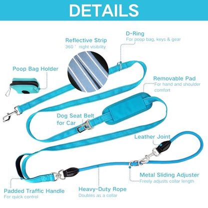 10FT Hands Free Dog Leash for Small Medium Large Dogs, Heavy Duty Reflective Dog Leash with Traffic Handle, Seat Belt Buckle & Poop Bag Holder (Blue) - color: Blue, size: 10FT
