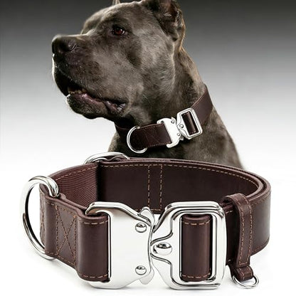 AssuredLock Leather Dog Collar, 1.5” Wide, Smooth Quick-Release Buckle with Adjustable Design, Heavy-Duty Handcrafted Collars for Large Dogs, Brown-L - color: Brown, size: 17-28.5 In