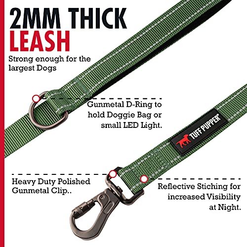 Tuff Pupper Heavy Duty Double Handle Leash with Twist Lock Carabiner Clip | Safety Lock for Strong Dogs | Reflective for Night Walks | 6ft for Medium & Large Dogs - color: Olive
