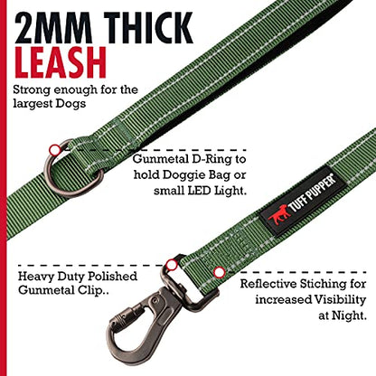 Tuff Pupper Heavy Duty Double Handle Leash with Twist Lock Carabiner Clip | Safety Lock for Strong Dogs | Reflective for Night Walks | 6ft for Medium & Large Dogs - color: Olive