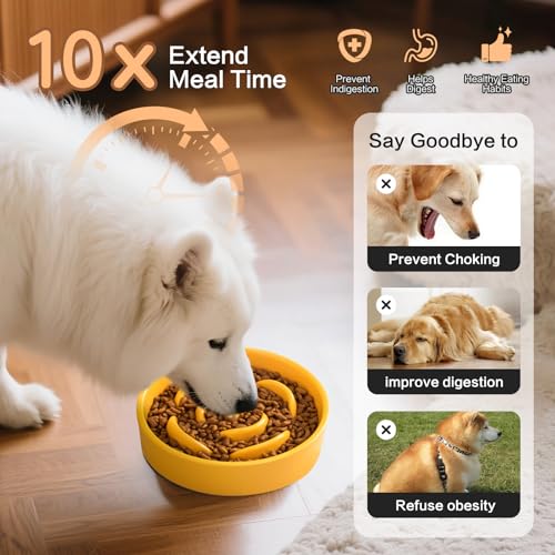 6'' Ceramic Slow Feeder Dog Bowls - Petal Shape Modern Dog Food Dish for Cats and Small Breed Dogs, Puzzle Maze Bowl to Slow Down Eating, Anti-Gulping, Dishwasher & Microwave Safe, Yellow - color: Yellow, size: 6 inch