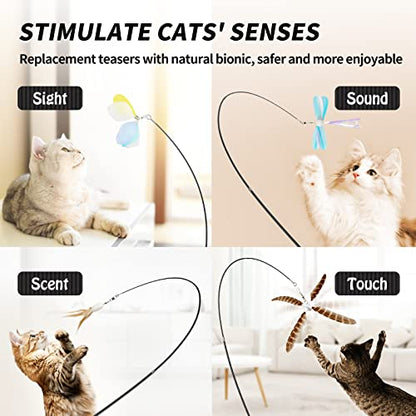 uahpet Natural Feather Cat Toys for Indoor Cats Retractable Kitten Wand 60inch Safe Hunting Distance Interactive Toys for Kittens with 4Pcs Senses Replacement Teasers Arouse Desire to Hunt