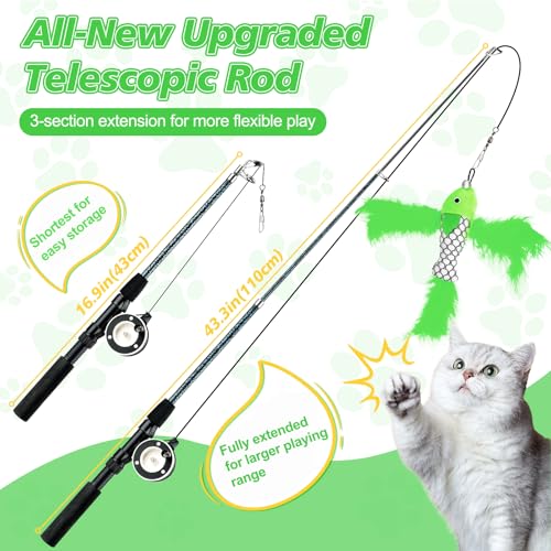 Pawaboo Interactive Cat Toy, Retractable Cat Fishing Rod with 3 Replacement Fishing Lures Made of Feathers and Bells, Adjustable Line Length, Feather Teaser for Cats, Kittens, Fun, Blue - color: Bionic Pink Feather