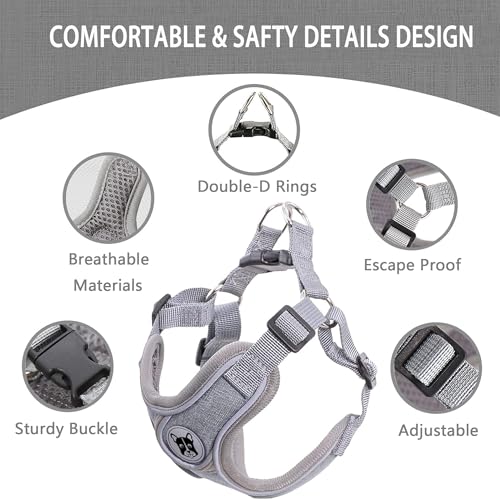 Dog Frenchie Harness and Leash Set,No Pull Adjustable Step in Soft Mesh Vest Harness,Easy Walk Reflective Pet Harness with Padded Handle for Walking Training Small Medium Large Dogs and Cats (Grey, M) - color: Grey, size: M
