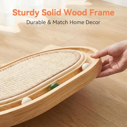 Sisal Cat Scratcher Toy with Ball Track Feather and Ball, Wooden Interactive Toy for Indoor Cats, Scratch Pad,Kitten Toys for Chasing Hunting Physical Exercise(12.9 * 17.4in