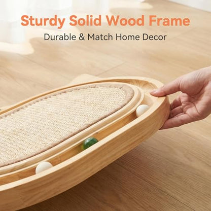 Sisal Cat Scratcher Toy with Ball Track Feather and Ball, Wooden Interactive Toy for Indoor Cats, Scratch Pad,Kitten Toys for Chasing Hunting Physical Exercise(12.9 * 17.4in