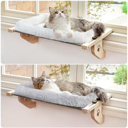 AMOSIJOY Cat Sill Window Perch Sturdy Hammock Seat with Cushion Bed Cover, Wood & Metal Frame for Large Cats, Easy to Adjust Windowsill, Bedside, Drawer and Cabinet(Cushion Bed) - color: White, size: 24.4''L X 15''W