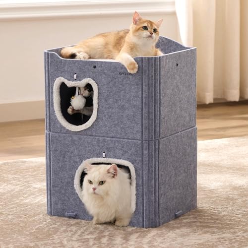 Joydeco Cat House for Indoor Cats, 2 Story Scratch Resistant Felt Cat Condo, Hideaway Pet Cave Bed with Fluffy Ball and Tunnel for Kitten, Small Dogs, Rabbits, 17.7 x 13.3 x 24, Grey - color: Grey, size: Double